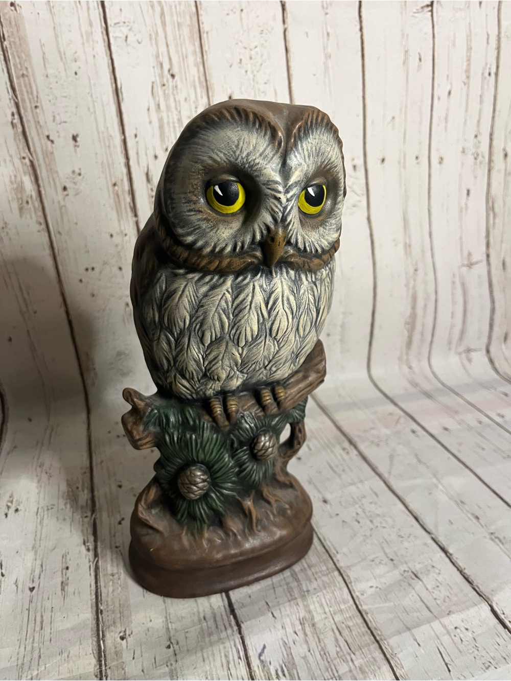 Vintage 1960s Large Ceramic 11" Owl Branch Pinecones Figurine Statue Mid Century